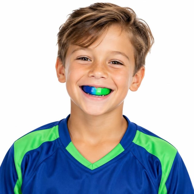 Smiling child wearing a free custom-fit sports mouth guard